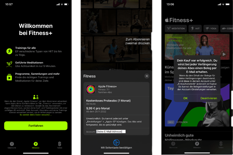 Screenshots des Aktivierungsprozesses des Fitness + Abonnements